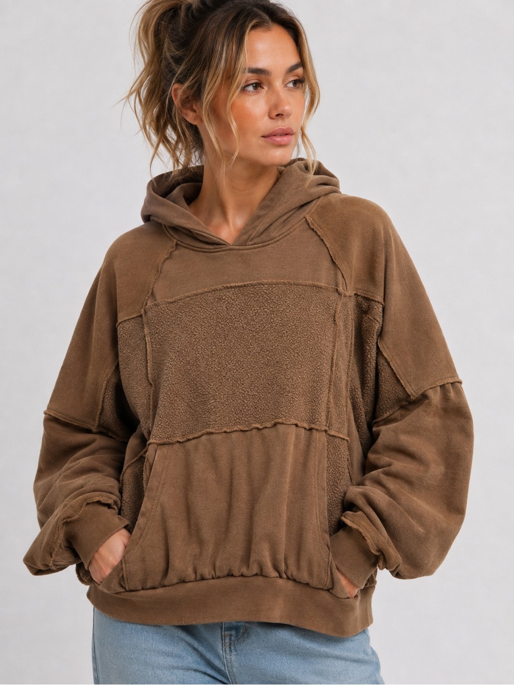 aerie Brown Patchwork Fleece Hooded Sweatshirt